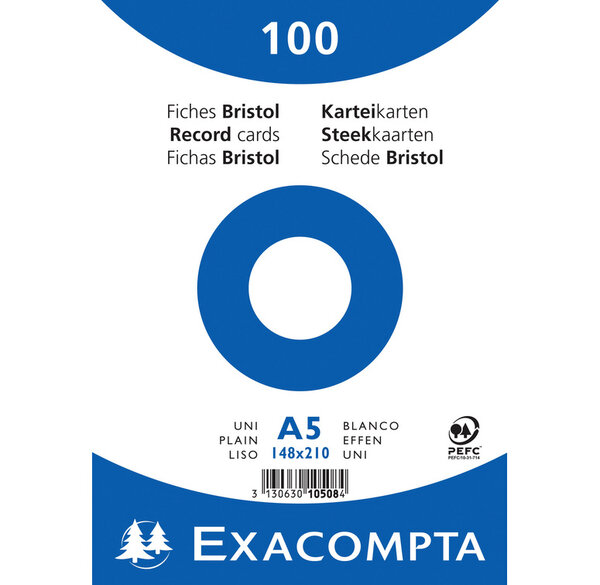 Paquet 100 fiches sous film - bristol uni non perforé 148x210mm - Blanc EXACOMPTA