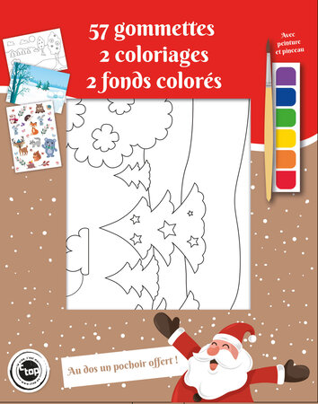 Coloriage avec peinture pinceau et gommettes Forêt de Noël