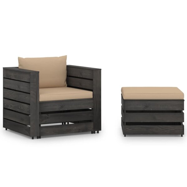 vidaXL Salon de jardin 2 Pièces avec coussins Bois imprégné de gris