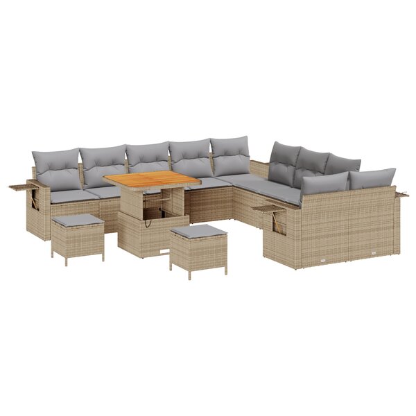 vidaXL Ensemble de canapés de jardin 13 pièces avec coussins beige en poly rattan et acacia.