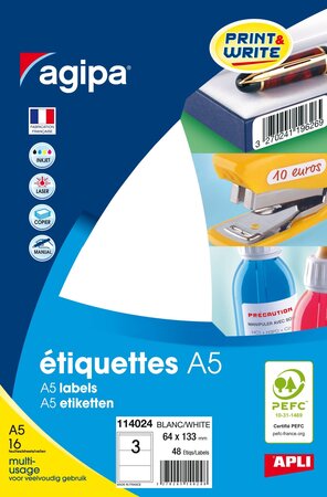 Etiquettes blanches 16 feuilles A5 64 x 133 mm 48 pièces