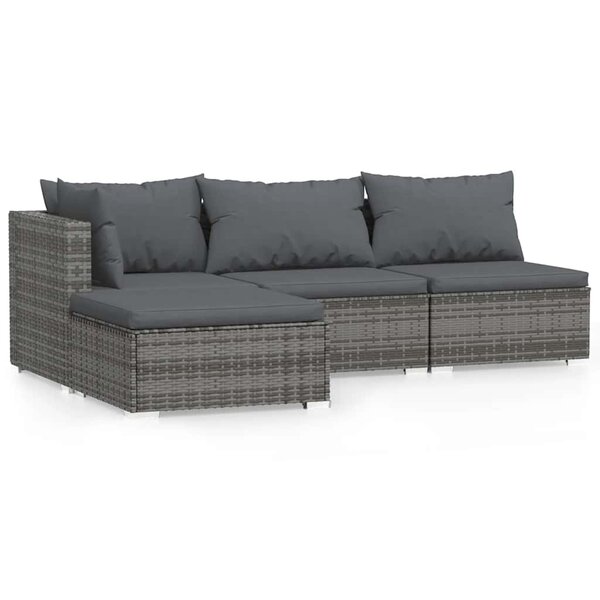 vidaXL Salon de jardin 4 Pièces avec coussins Gris Résine tressée