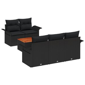 vidaXL Canapé de jardin 6 pièces avec coussins noir poly rotin acacia