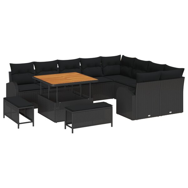 vidaXL Set de canapé de jardin 12 pièces avec coussins en poly rotin noir et acacia.