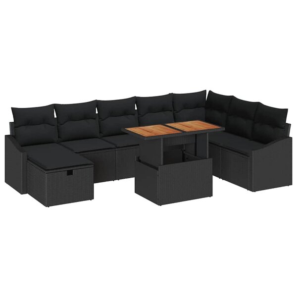 vidaXL Ensemble de canapé de jardin avec coussin 9 Pièces Noir Poly rotin