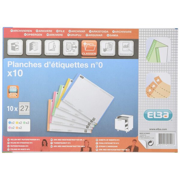 Sachet de 10 Planches de 25 Étiquettes Dossiers Suspendus Nr 0 Assorties ELBA