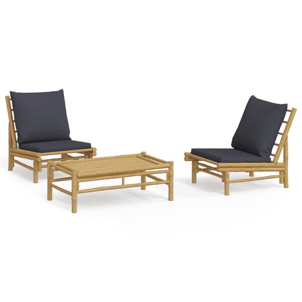 vidaXL Salon de jardin 3 Pièces avec coussins gris foncé bambou