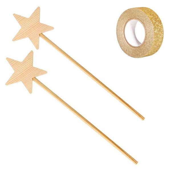 2 baguettes magiques en bois 23 cm + masking tape doré à paillettes 5 m