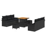 Ensemble de Canapé de Jardin 9 Pièces avec Coussins Noir Poly Rattan Acacia