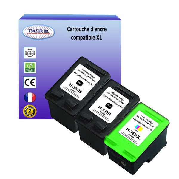 2+1 Cartouches compatibles avec HP PhotoSmart C4190, C4193, C4194, D5060, D5065, D5069 remplace HP 337 + HP 343 (Noire+Couleur) 18ml - T3AZUR