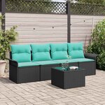 vidaXL Ensemble de canapé de jardin 5 Pièces Noir et turquoise polyrotin