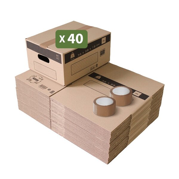 Pack and Move - Lot 40 cartons déménagement stockage S - 36 x 28 x 18 cm - Poignées renforcées - 2 adhésifs offerts