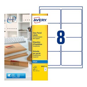 Étiquettes transparentes pour imprimante jet d'encre j8565, 99.1 x 67.7 mm - 200 étiquettes (paquet 25 feuilles)