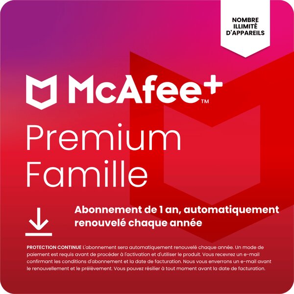 McAfee+ Premium - Famille - Abonnement 1 an - Renouvelé automatiquement chaque année