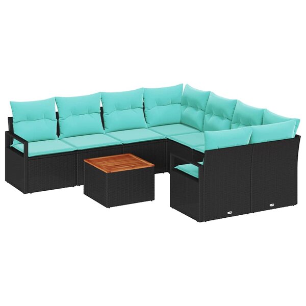 vidaXL Ensemble de canapé de jardin avec coussin 9 Pièces Noir polyrotin