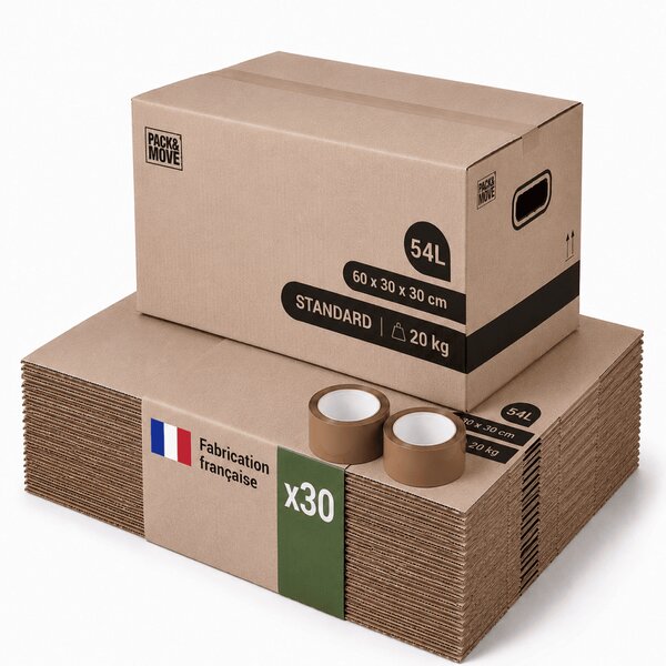 Pack and Move - Lot 30 cartons déménagement stockage standard - 60 x 30 x 30 cm - Poignées renforcées - 2 adhésifs offerts