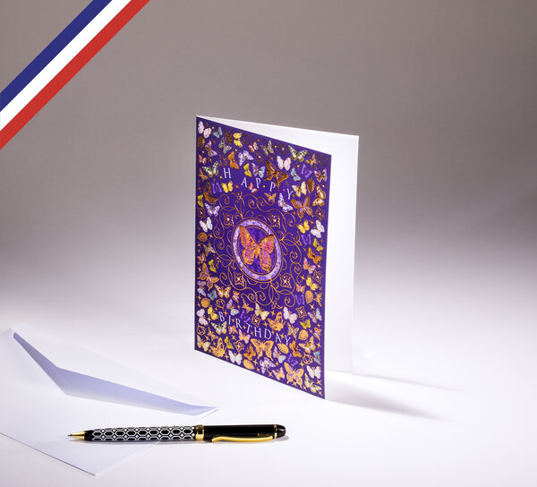 Carte double miniature créée et imprimée en france  sur papier certifié pefc - happy birthday - papillons