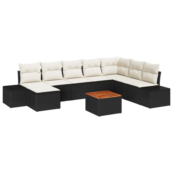 vidaXL Set de canapés de jardin 9 pièces avec coussins noir  en poly rattan et acacia.