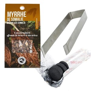 Résine de Myrrhe de Somalie à brûler + pince et rouleau de charbons