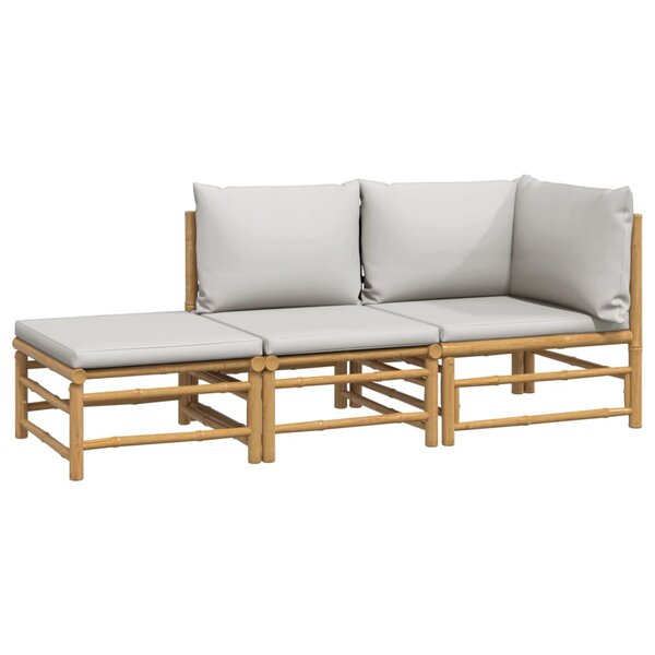 Salon de jardin meuble d'extérieur ensemble de mobilier 3 pièces avec coussins gris clair bambou 02_0015964