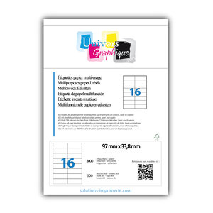 Lot de 500 planches a4 de 16 étiquettes à bords vifs 97 x 33 8 mm en papier blanc 70g/m² multifonction