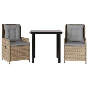 vidaXL Ensemble à manger de jardin et coussins 3 Pièces Beige poly rotin