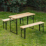 Table de camping pique-nique pliable portable + 2 bancs pliables métal époxy noir bois massif sapin