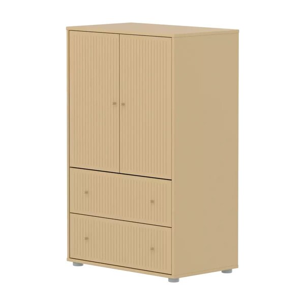 Flexa SAGA Armoire 2 portes et 2 tiroirs a facades rainurees Beige sable Oat Boutons metalliques Oat