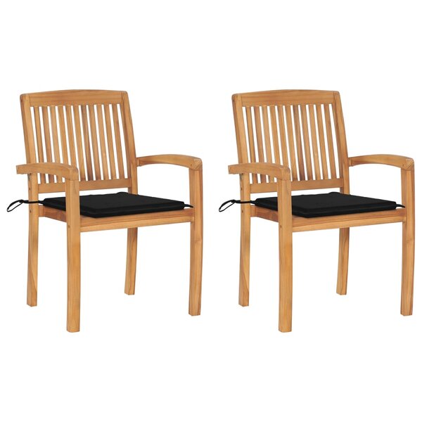 vidaXL Chaises de jardin lot de 2 et coussins noir Bois de teck massif