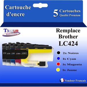 T3AZUR - Lot de 5 Cartouches compatibles Brother LC424 XL pour Brother DCP-J1200  DCP-J1200DW  DCP-J1200W  DCP-J1200WE