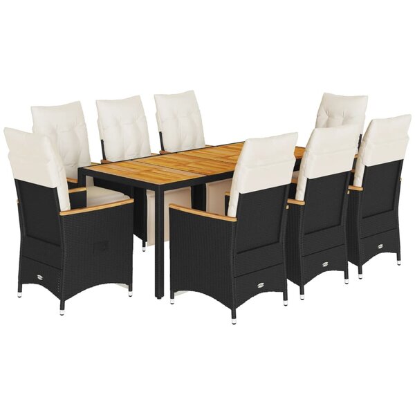 vidaXL Ensemble de bistro de jardin 9 Pièces coussins noir poly rotin