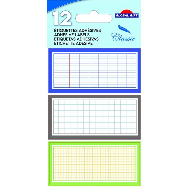 12 étiquettes adhésives scolaires - Quadrillé effet cahier - tons bleus