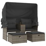 vidaXL Canapé de jardin 2 places avec auvent et tabourets gris rotin