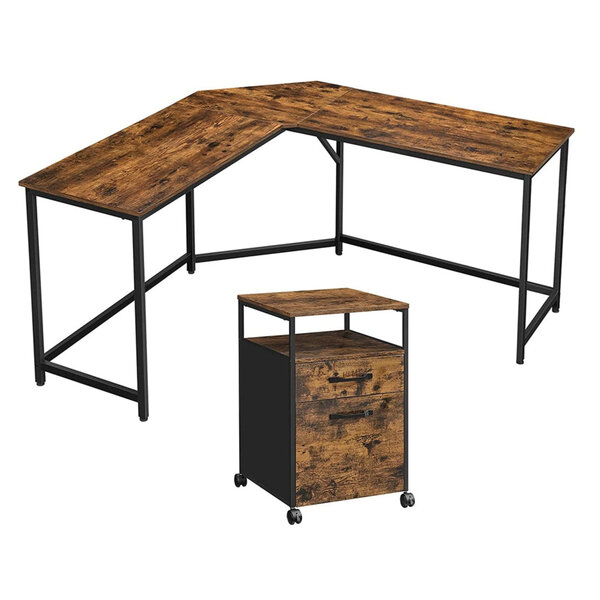 Bureau d’angle et caisson mobile poste de travail 149 x 149 x 75 cm avec placard de rangement 2 tiroirs table en L de style industriel pour télétravail marron 12_0004565