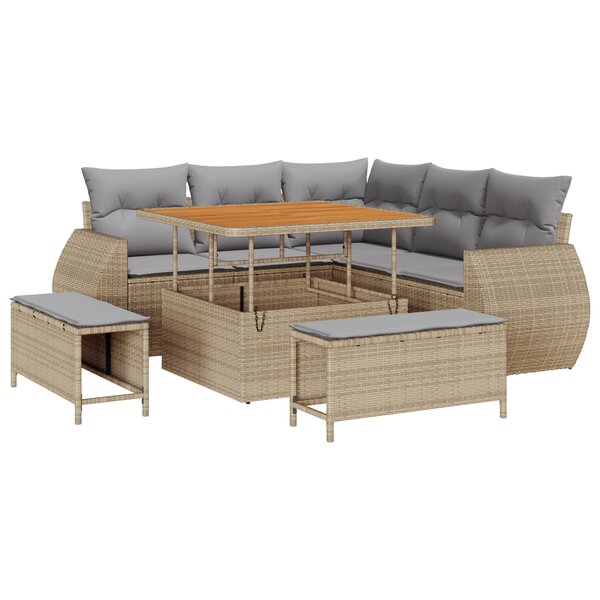 vidaXL Ensemble de salon de jardin 8 pièces avec des coussins en poly rotin beige et en acacia.