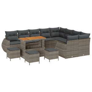 Ensemble de Canapé de Jardin 13 Pièces avec Coussins Gris Poly Rattan Acacia