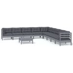 vidaXL Salon de jardin 10 Pièces avec coussins Gris Bois de pin solide