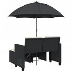 vidaXL Canapé de jardin 2 places avec parasol et tabourets noir rotin