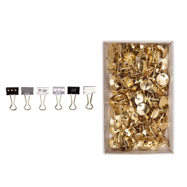 6 pinces double-clip Glam + 150 punaises dorées