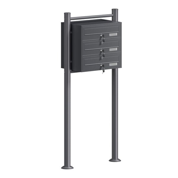 Boîte aux lettres sur pieds gris anthracite 3 compartiments – 556x270x1200 mm verrouillable + porte-nom