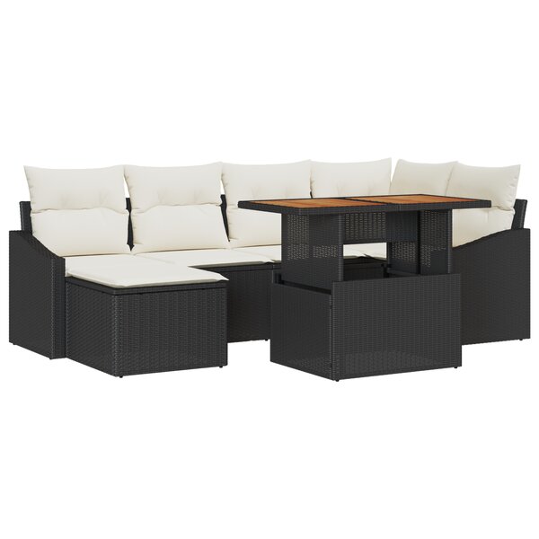 vidaXL Ensemble de salle à manger de jardin 7 pièces avec coussins - Noir en poly rotin et acacia