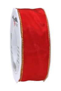 Ruban de soie avec bordure doré manhattan 25-m-rouleau 40 mm rouge
