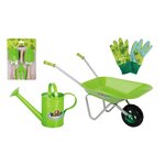 Kit petit jardinier accessoires pour enfant en métal gants + petits outils + brouette + arrosoir