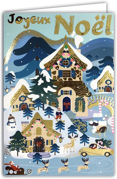 Carte joyeux noël traineau paysage enneigé en or doré brillant avec enveloppe