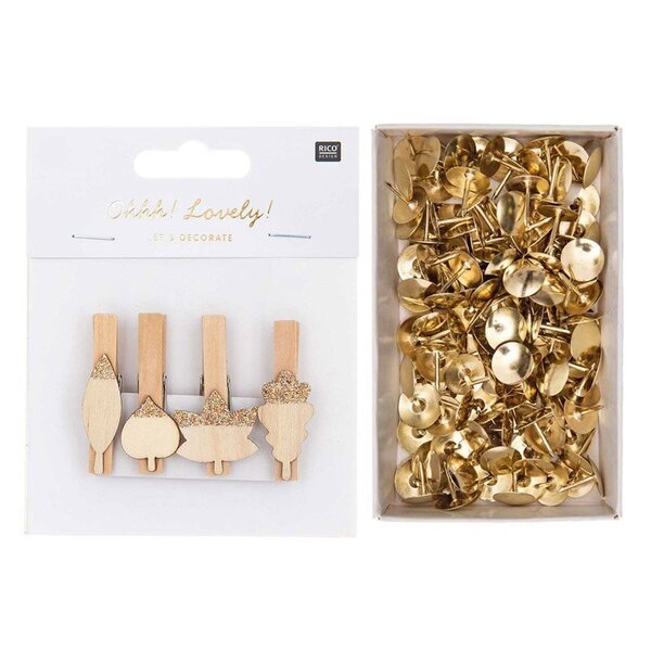 8 pinces clip bois feuilles + 150 punaises dorées