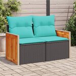 vidaXL Canapé de jardin avec coussins 2 places en résine tressée noire
