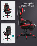 Fauteuil gamer chaise gaming siège de bureau réglable avec repose-pieds télescopique ergonomique mécanisme basculent appui-tête support lombaire charge 150 kg noir et rouge 12_0005909
