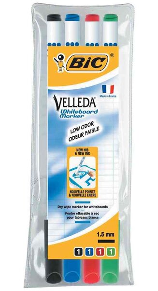 Pochette de 4 Feutres tableau blanc effaçable à sec 1721 Pointe Fine Ogive N/B/R/V VELLEDA