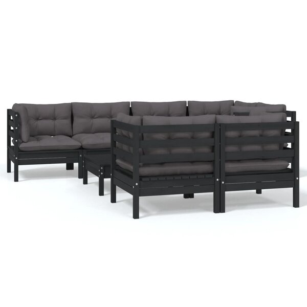 vidaXL Salon de jardin 8 Pièces avec coussins Noir Bois de pin massif