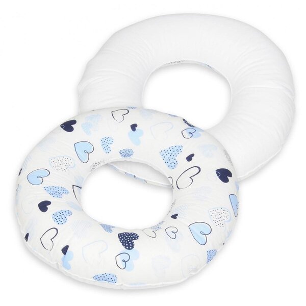 Coussin rond post natal Coeurs bleus   blanc